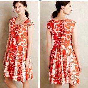 Maeve Anthropologie Indiga Swing Dress‎ Cap Sleeve Orange White Doves Size S